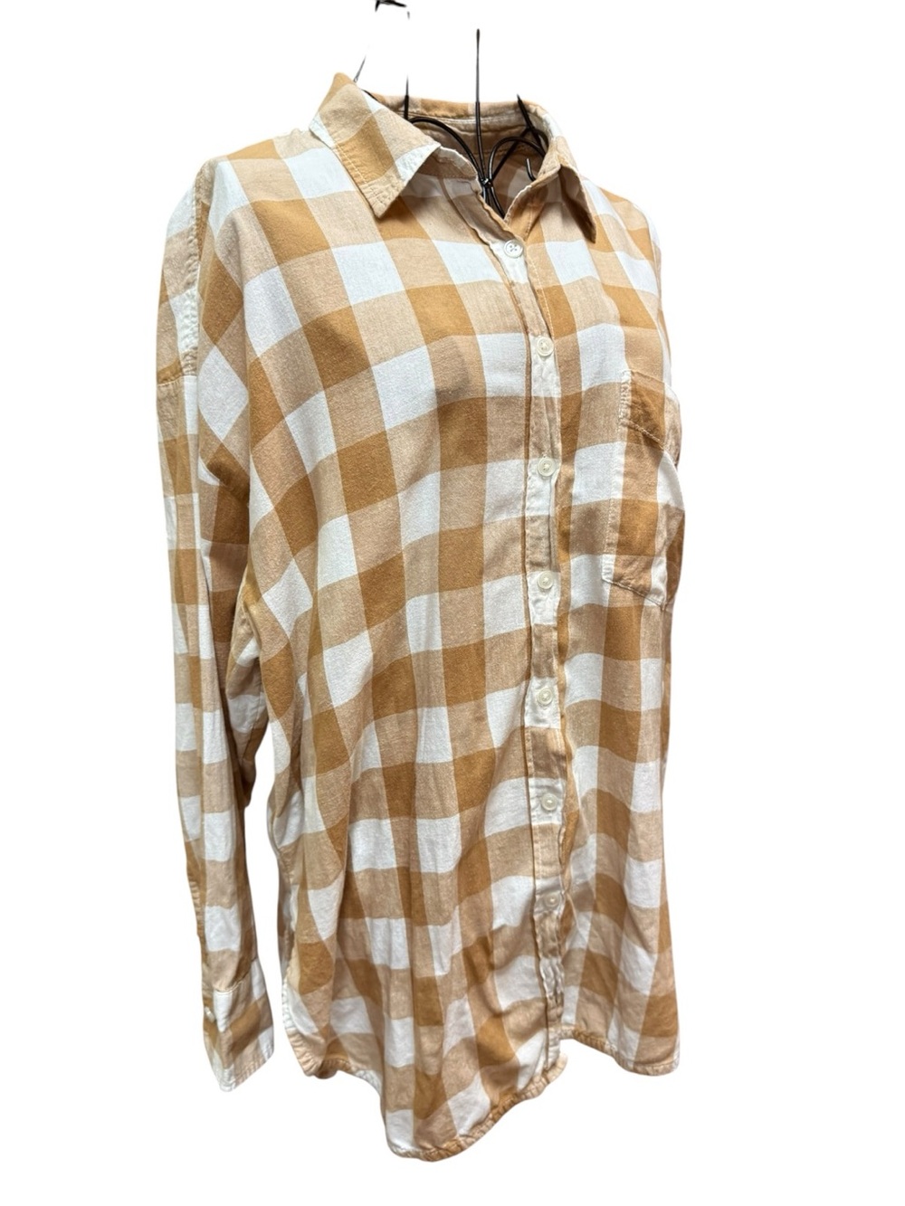 Anthropologie Maeve 100% Cotton Checked Button-Down Shirt - Cream & Tan preppy - Picture 2 of 9